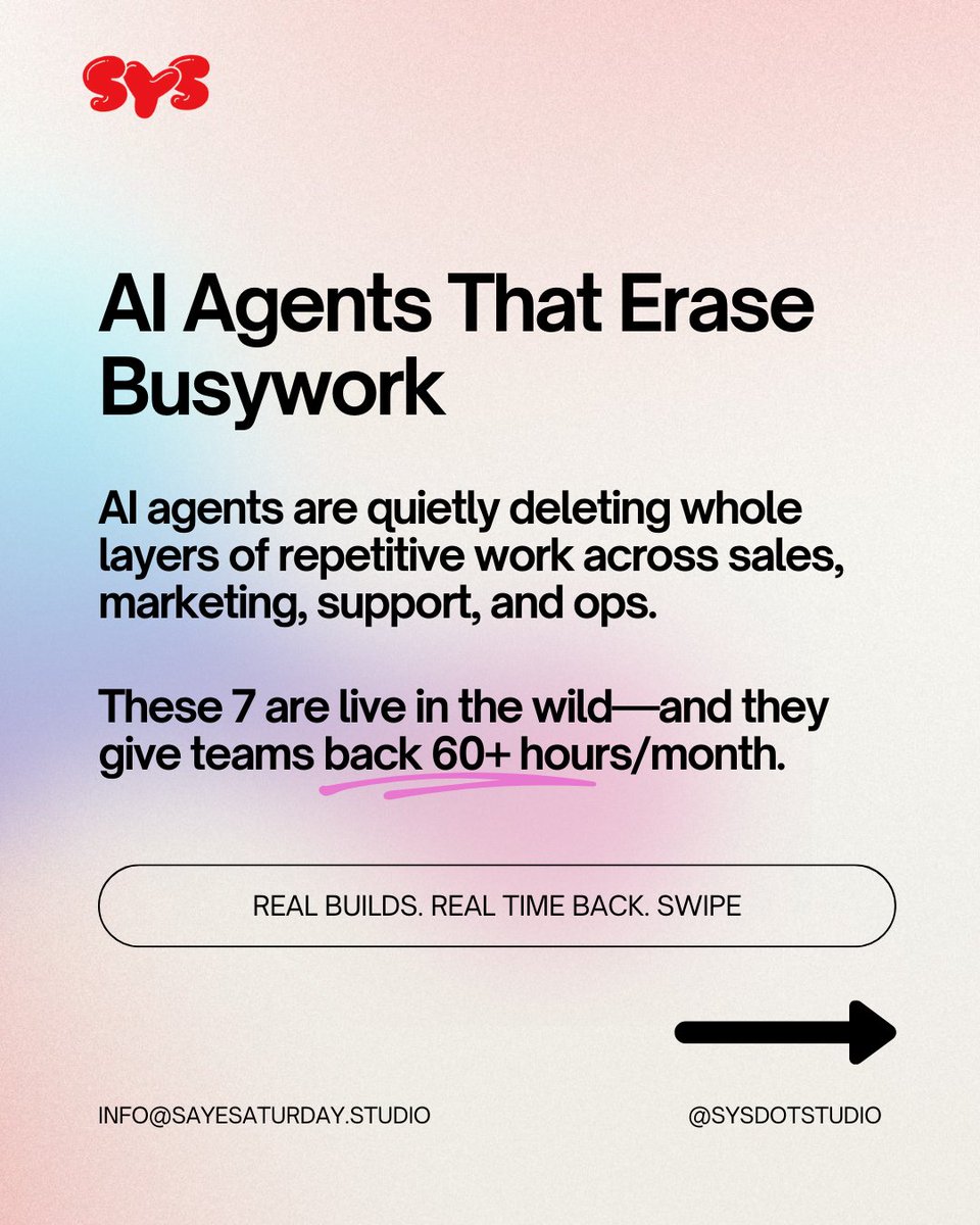 Busywork ≠ growth. 7 AI agents to get your time back: lead chaser, support bot, research scout, proposal starter, content autopilot, reporting wrangler, hiring concierge. View full post at: shorturl.at/qJuiL

Comment AGENTS and I’ll share a setup checklist. #AI #automation