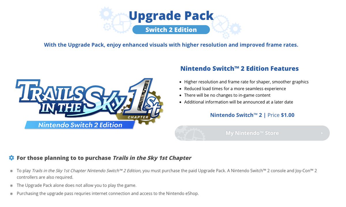 RPGSite's tweet image. Update: The Trails in the Sky 1st Chapter Nintendo Switch 2 Edition upgrade pack will be available for $1 in the US: rpgsite.net/news/18180-tra…