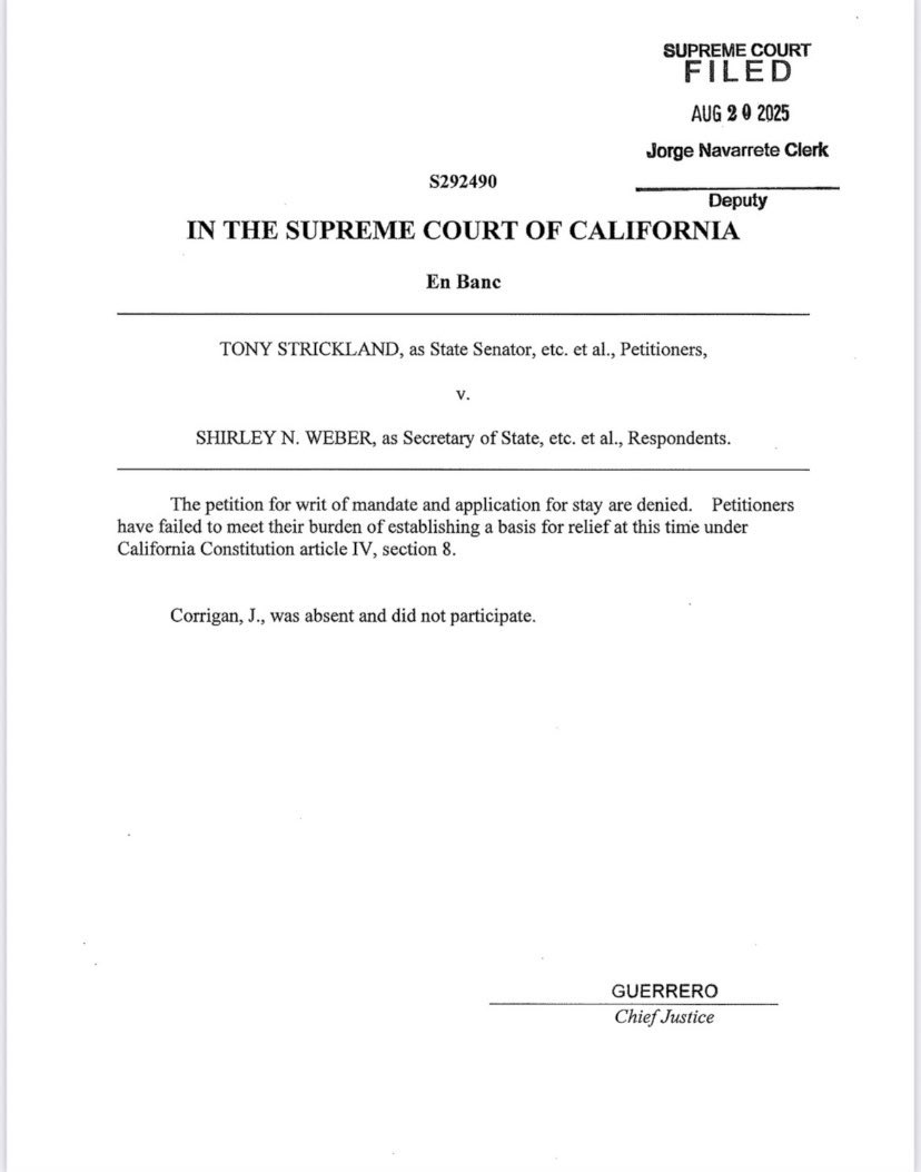 🚨BREAKING🚨

The California Supreme Court has denied a Republican effort to stop the redistricting of their congressional districts.