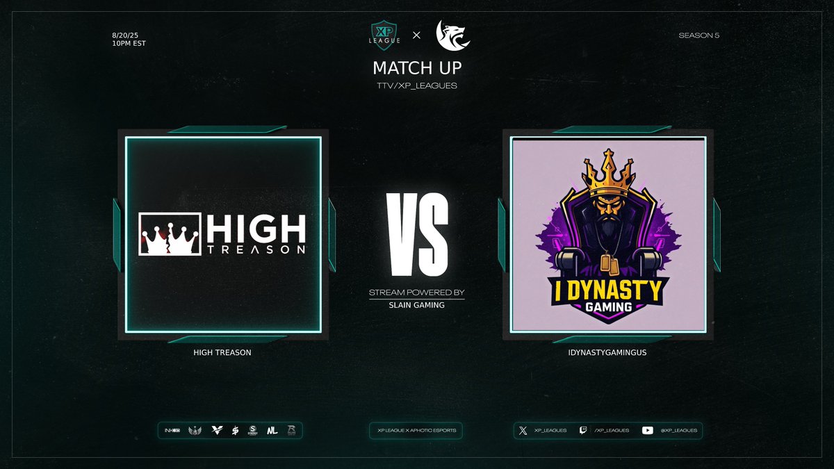 XP League (@xp_leagues) on Twitter photo 🟣XP x <a href="/AphoticOfficial/">Aphotic Esports</a> Season 5🟣
WEEK 1 | Match 2 of Triple Header
<a href="/HighTreasonGG/">HighTreason</a> 🆚 <a href="/iDynastyGaming/">iDynastyGamingUS</a>
🎙: <a href="/zCalamity/">Justin</a> & <a href="/DIZZLETHEEFIRST/">DIZZLE</a>
🎥: <a href="/xCrunchify/">xCrunchify</a>
📺: twitch.tv/xp_league
🔋Stream Powered By <a href="/SlainGGs/">SLAiN Gaming</a> 🟣XP x <a href="/AphoticOfficial/">Aphotic Esports</a> Season 5🟣
WEEK 1 | Match 2 of Triple Header
<a href="/HighTreasonGG/">HighTreason</a> 🆚 <a href="/iDynastyGaming/">iDynastyGamingUS</a>
🎙: <a href="/zCalamity/">Justin</a> & <a href="/DIZZLETHEEFIRST/">DIZZLE</a>
🎥: <a href="/xCrunchify/">xCrunchify</a>
📺: twitch.tv/xp_league
🔋Stream Powered By <a href="/SlainGGs/">SLAiN Gaming</a>