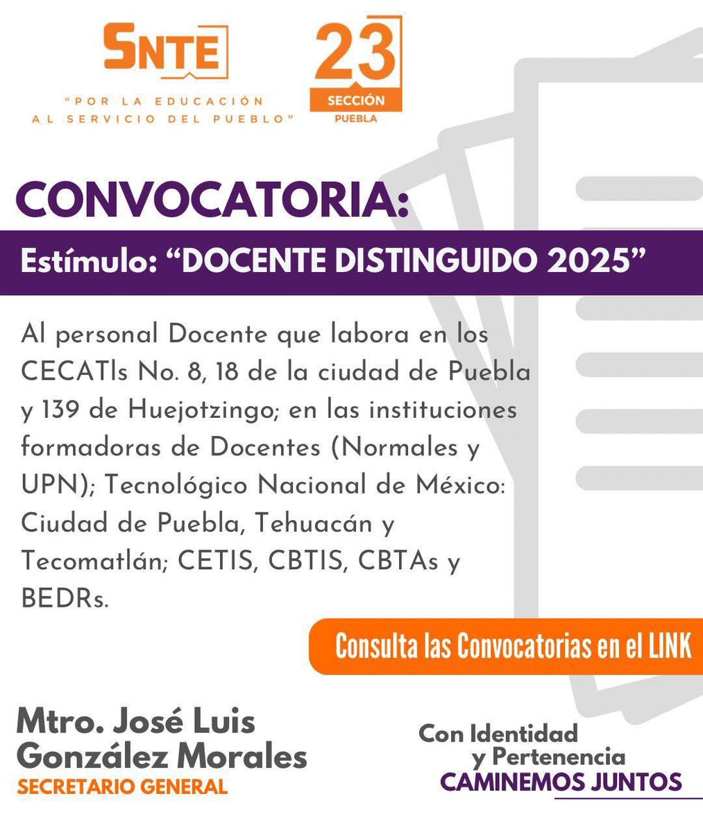 Anuncia el <a href="/SNTE_Seccion_23/">SNTE Sección 23</a> convocatoria para el estímulo #DocenteDistinguido2025
Link de consulta 👉🏻drive.google.com/drive/folders/…