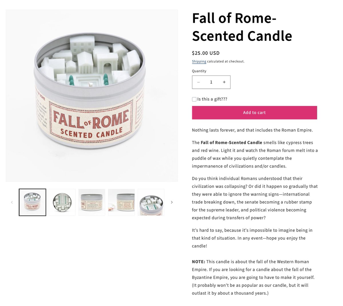 This is awesome, but now we need a Late Bronze Age Collapse Scented Candle, right?? :- ) 

(check out their other candles too, including the War of 1812, the Boston Tea Party, etc: jdandkateindustries.com)