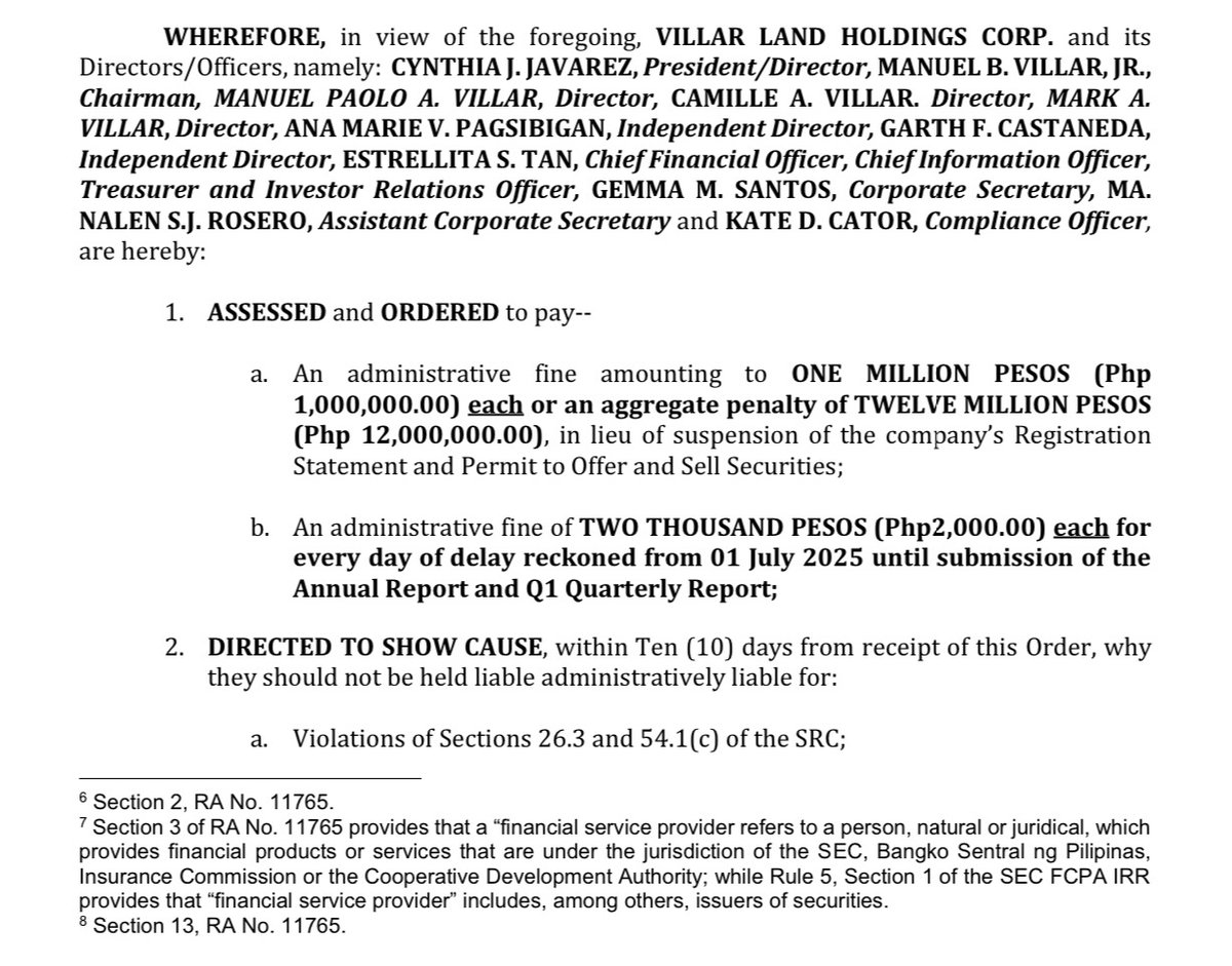 The Securities and Exchange Commission has fined Villar Land Holdings Corp. and its directors and officers, including Manuel B. Villar and his children, for violations of the Securities Regulation Code, over its failure to submit its audited financial statements on time. | via
