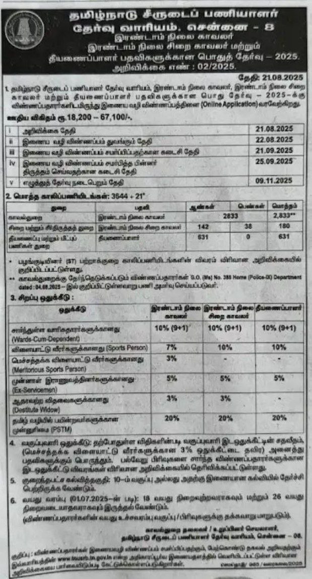 Tnusrb pc வேலைவாய்ப்பு 2025
Vacancies : 3644
கல்வி : 10th pass