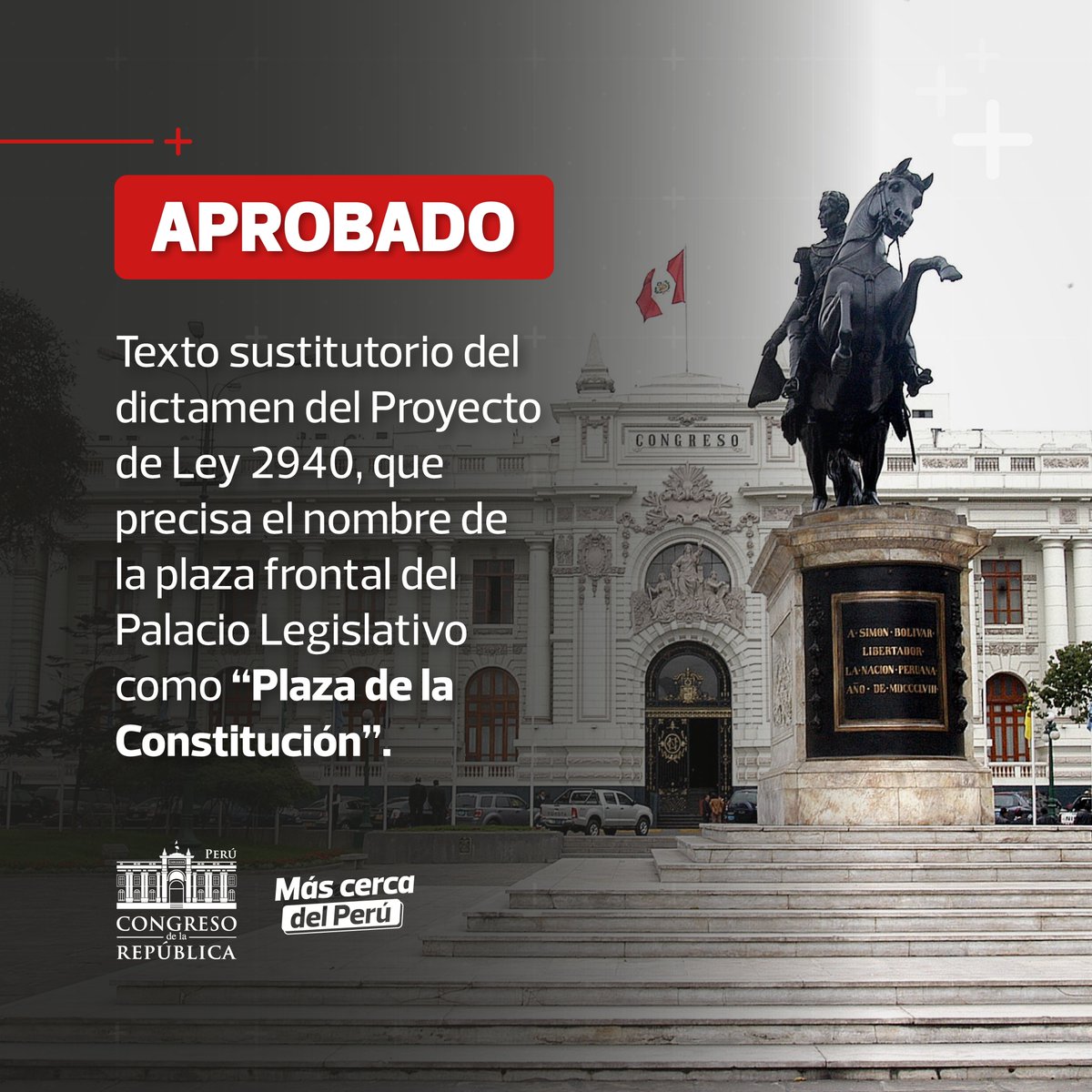 #PlenoDelCongreso aprobó el dictamen que precisa el nombre de la plaza frontal del Palacio Legislativo como “Plaza de la Constitución”.