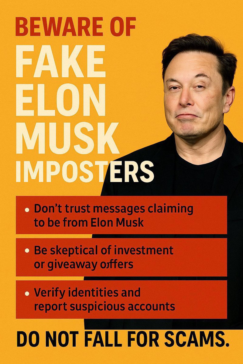 🔒 Beware of Elon Musk Scams! 🚫
Scammers are using Elon Musk’s name, image, and fake giveaways to steal your money and data. Don’t fall for it! #ElonMuskGiveAwayScam