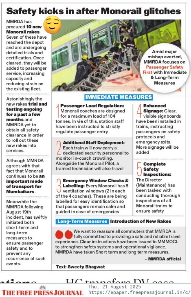 mumbaimatterz's tweet image. #Mumbai

Safety Measures in Place after #MumbaiMonorail stalls on it tracks after "overcrowding".

#Monorail

IMMEDIATE MEASURES

1 Passenger Load Regulation:

2 Additional Staff Deployment:
Each train will now carry dedicated security personnel to monitor in-coach crowding.