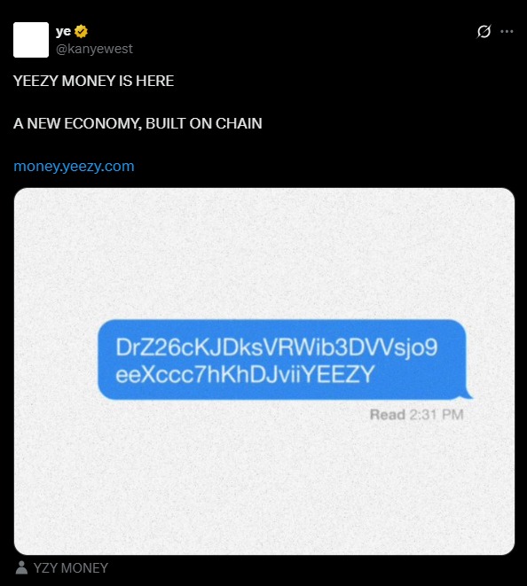 🔴BLOCKCHAIN D: Kanye West lancia il memecoin YZY sulla blockchain di Solana