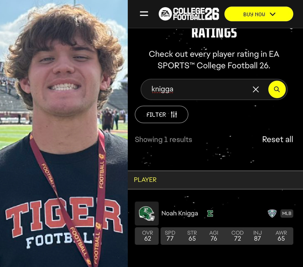 NFL_DovKleiman's tweet image. 𝗕𝗿𝗲𝗮𝗸𝗶𝗻𝗴: Eastern Michigan freshman LB Noah Knigga has finally been added to EA College Football 26.