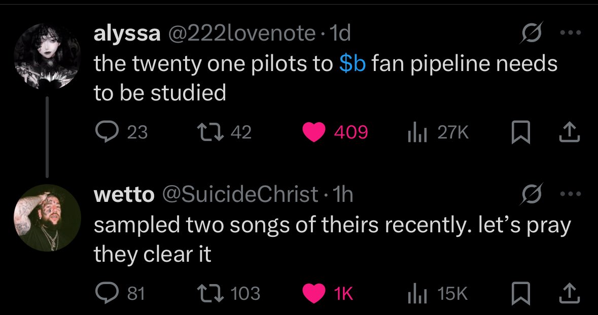 G59News's tweet photo. We could be getting a $uicideboy$ song or a Scrim song that samples Twenty One Pilots, y’all want this?? https://t.co/fzP4nhxbji