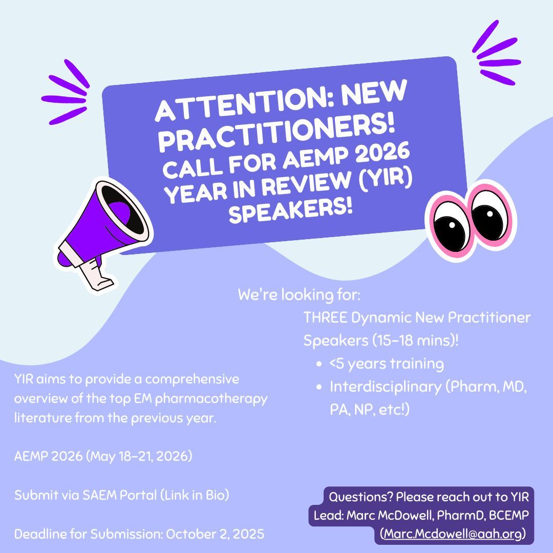 SAEM_AEMP's tweet photo. AEMP is seeking new practitioners to present the YIR at AEMP 2026 at SAEM Congress next year! Apply today! #AEMP #AEMPlify #EMRx https://t.co/OyCe94ok7U