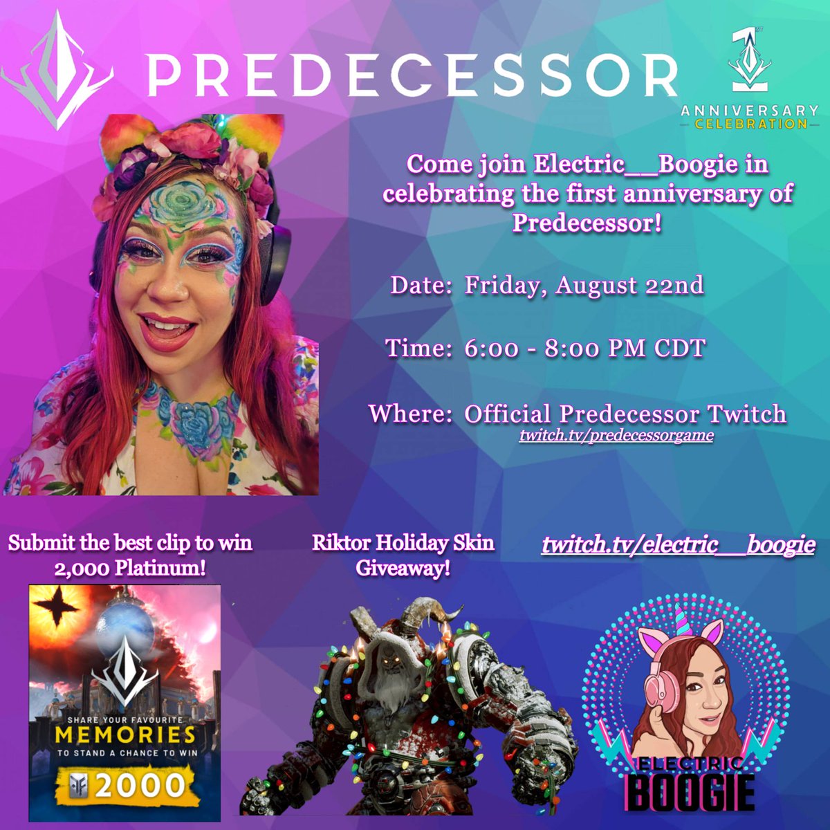 I'll be taking over <a href="/PredecessorGame/">Predecessor</a> official twitch on Friday 8/22 from 6pm - 8pm CDT!!   There will be a contest during the 36 hour takeover for the best clip and a giveaway during my segment for the Epic Riktor Holiday Skin!  Hope to see you there!!!