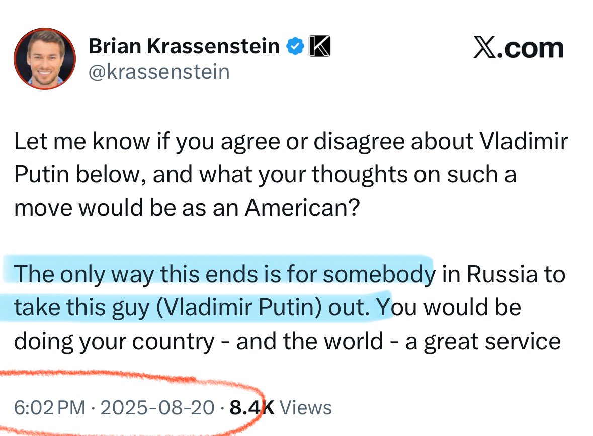 HOLY CRAP 🤯 Brian Krassenstein once again calling for the ASSASS!NATION of Vladimir Putin. I’ve seen accounts on here banned for far less, Elon Musk 👀