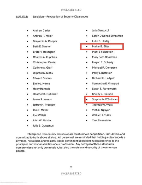 Laura Loomer (@lauraloomer) on Twitter photo 🚨 BREAKING 🚨
27 of the 37 officials whose security clearances have just been revoked by <a href="/DNIGabbard/">DNI Tulsi Gabbard</a> are names on the list I posted and exposed below last month when I identified them as individuals who signed the 2019 National Security Letter that called for President Trump 🚨 BREAKING 🚨
27 of the 37 officials whose security clearances have just been revoked by <a href="/DNIGabbard/">DNI Tulsi Gabbard</a> are names on the list I posted and exposed below last month when I identified them as individuals who signed the 2019 National Security Letter that called for President Trump