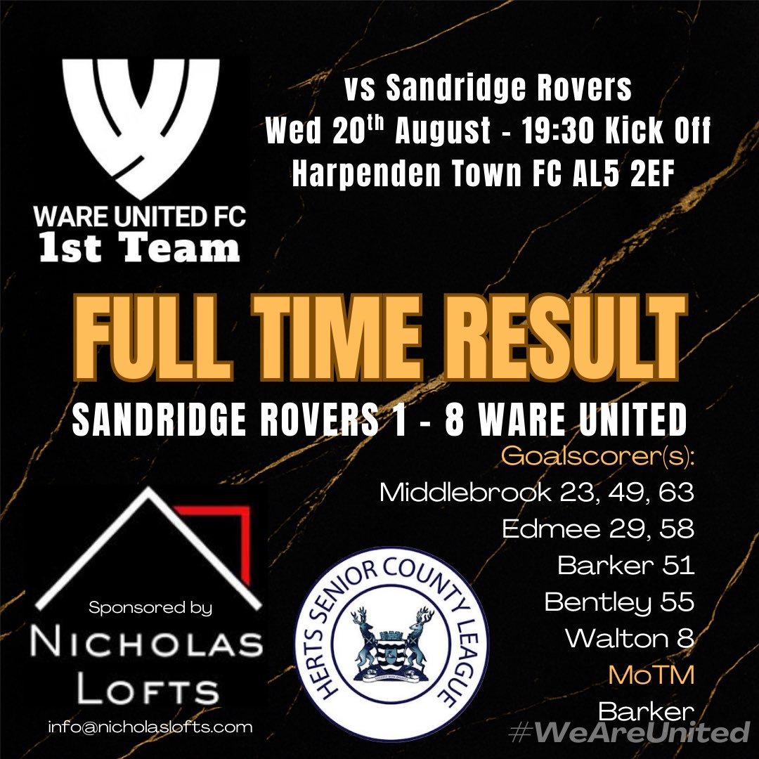 Ware Utd FC (@wareutdfc) on Twitter photo So confirmation of tonight’s result away to <a href="/fc_SandridgeRov/">Sandridge Rovers FC</a>
Keeps us in touch with the leaders, as we move forward again onto Saturdays game So confirmation of tonight’s result away to <a href="/fc_SandridgeRov/">Sandridge Rovers FC</a>
Keeps us in touch with the leaders, as we move forward again onto Saturdays game