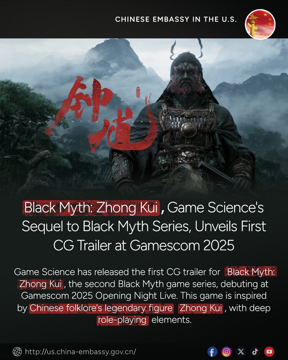 ChineseEmbinUS's tweet image. 🎮🔥#GameScience has officially released the first CG teaser trailer for #BlackMythZhongKui, the second installment in the #BlackMyth series, which made its simultaneous debut at the #Gamescom2025 Opening Night Live. 

Trailer: youtu.be/sqe3j4Qch1Y?si…

#ChineseCulture