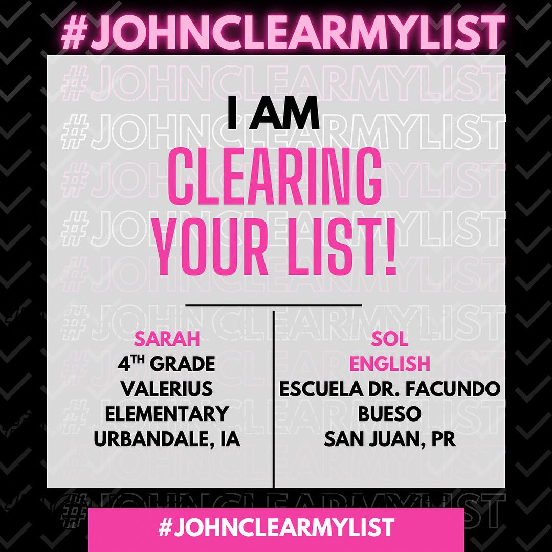On my way out of the city, but I still have some lists to clear today! Congrats to Sarah from Urbandale, IA and Sol from San Juan, PR! I’m clearing your lists!  #JohnClearMyList