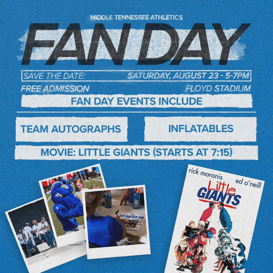 Counting down to Fan Day on Saturday at Floyd Stadium! 👏

🍽️ Meat Sweats Food Truck &amp; Sodexo Concessions will be available
📺 Bring a blanket to watch Little Giants at 7:15 PM
🚫 No chairs, peanuts, or sunflower seeds will be allowed on the field

📰 goblueraiders.co/FanDay2025