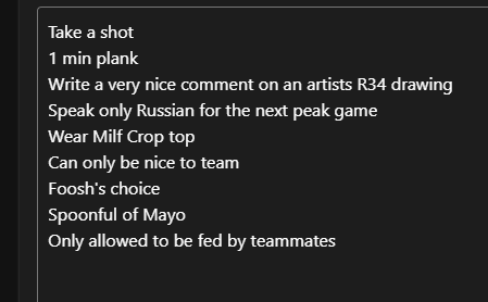 Guys give me a list of punishments for tomorrows stream