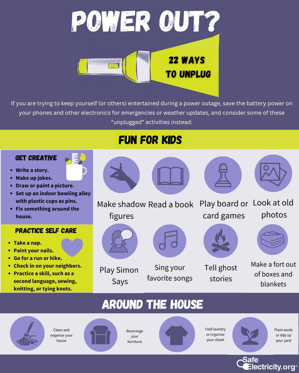 CornBeltEnergy's tweet image. Power out? Try these 22 unplugged ways to stay safe and entertained!
📚🧩👣🎨💅
Save devices for emergencies and make the most of the moment.
#PowerOutageTips #UnplugAndPlay #CornBeltEnergy #EnergySafety