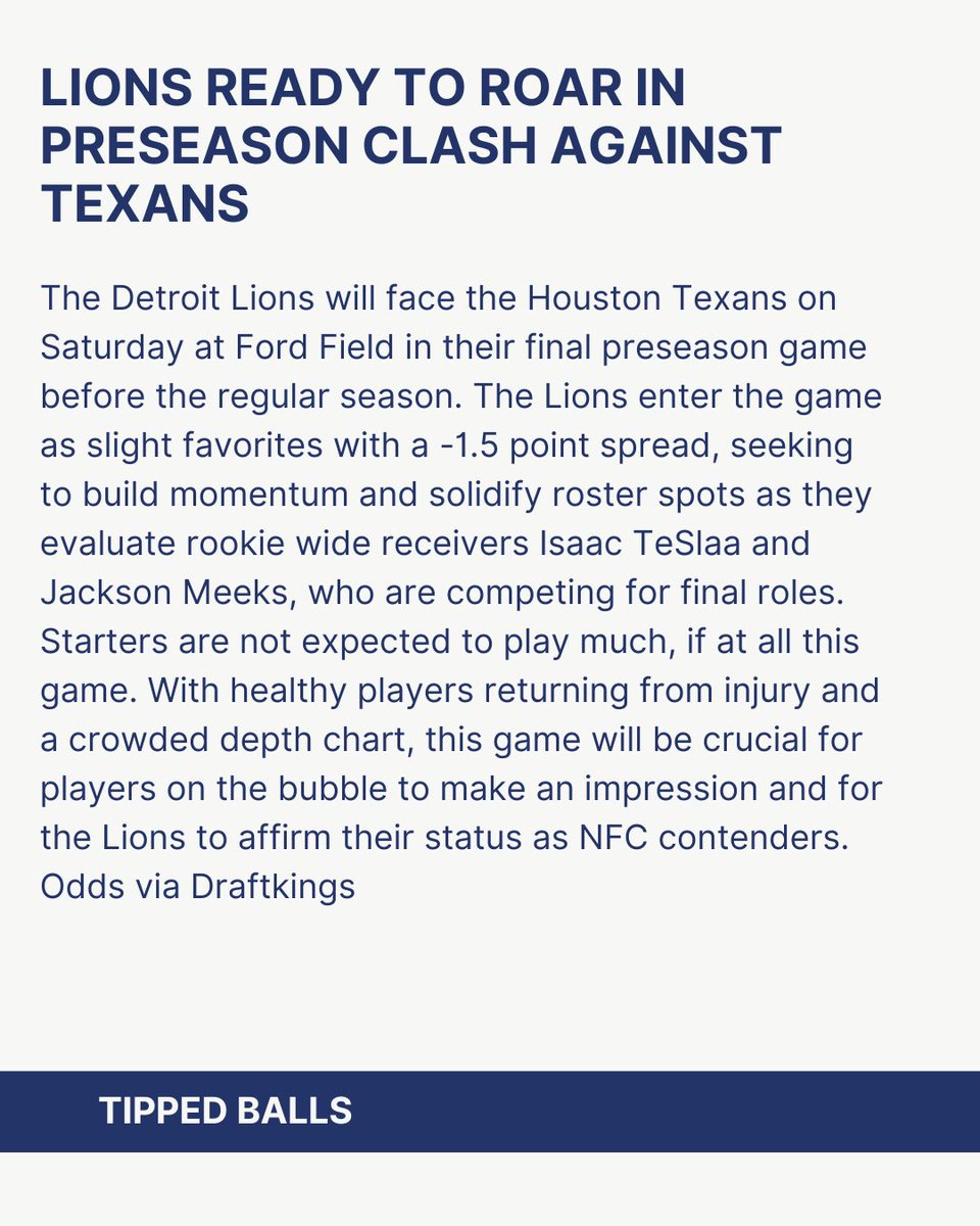 Check out the latest Detroit Lions preseason &amp; training camp news 🦁

#Lions #OnePride #TrainingCamp #NFL #MCDC #nflfootball #lionsfootball #Football #TippedBalls #podcast #nflpodcast #dolphins #texans #houstontexans