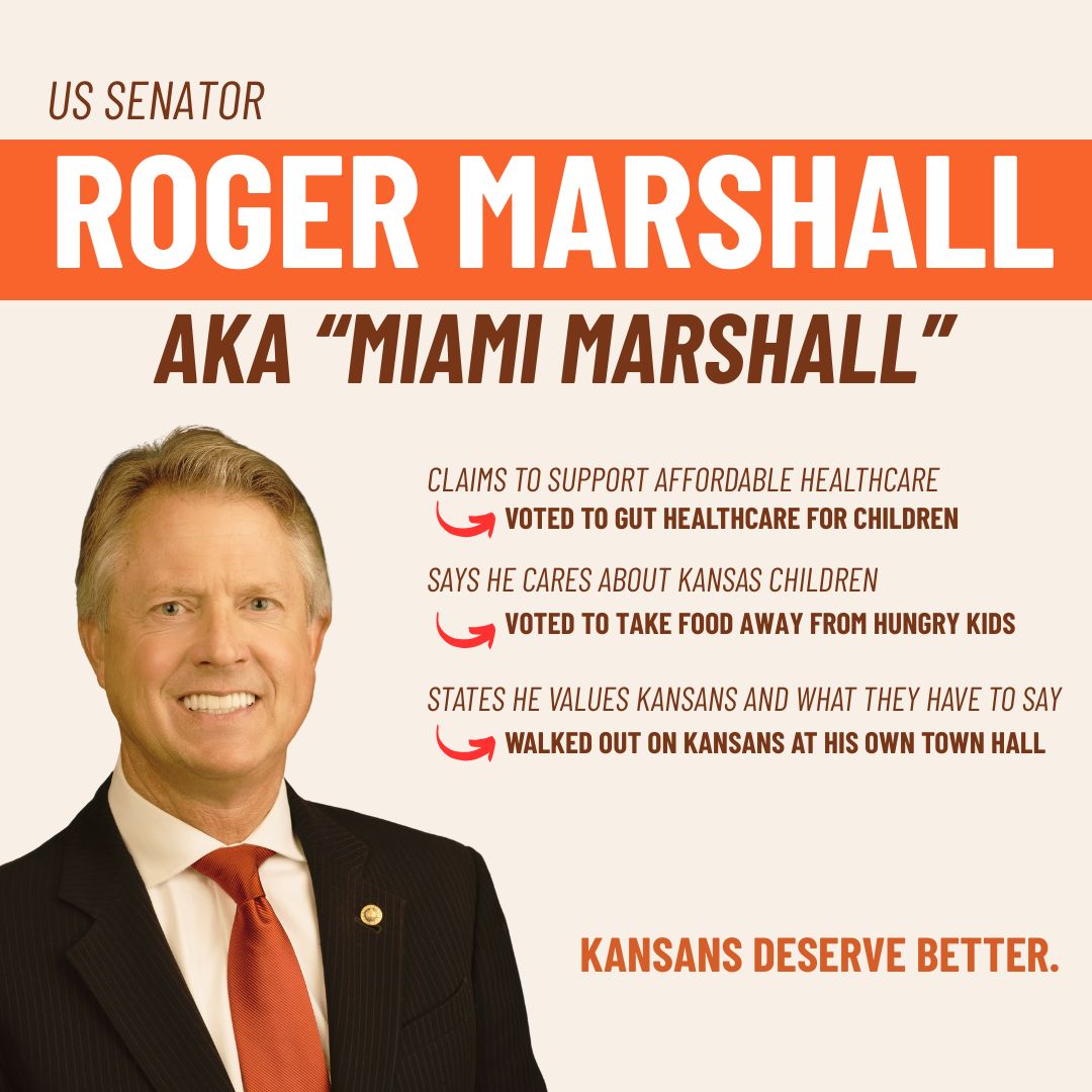 Sen. Roger Marshall claims to stand up for Kansas, but his record says something entirely different. He voted to gut Medicaid, hurting families and the rural hospitals our communities rely on. Kansas deserves leaders who put families first, not politics. #MiamiMarshall