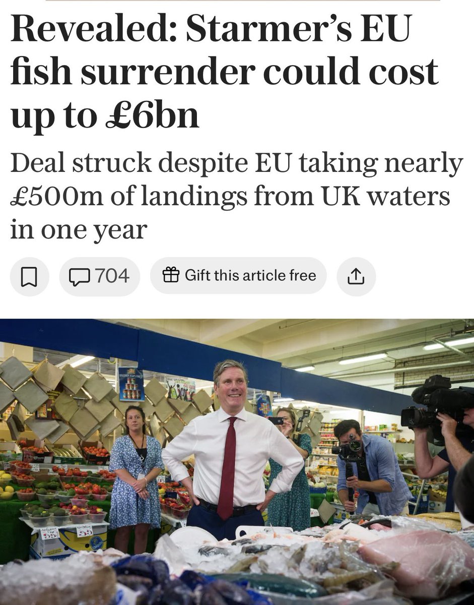 Keir Starmer’s Brexit reset deal risks handing the EU up to £6bn of British fish, official data suggests. Yet another sell out of British assets by an asset stripping Prime Minister.