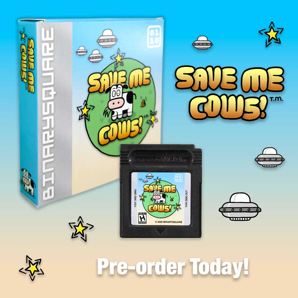 Help me sell out Save Me Cows! pre-orders at: binarysquare.com/bs/smc.php Physical game ships soon. #indiegamedev #gamedev #indiegame #homebrew #Retro #Gaming #Nintendo #gameboy #gameboycolor #pixelart #games #PhysicalReleasesPreOrder #solodev #soloindiedev