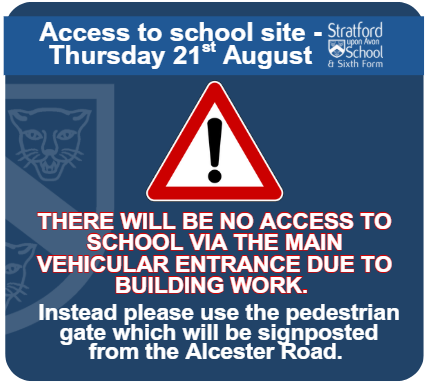 StraUponAvonSch's tweet image. For those coming onto the school site tomorrow, Thursday 21st August for GCSEResults2025, the main school entrance will be closed due to building work. Entry to the site will be by the pedestrian gate from the Alcester Road which will be signposted. Thank you #SuASCommunity