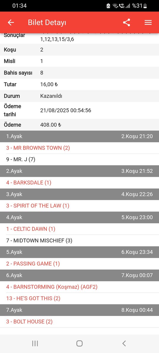 Bu geceyi #Saratoga yarışlarında 16 liralık plasemizle 204 * 2 = 408 ₺ kazanç ile kapattık. Mutluyuz.
🍀🇹🇷
TJK Bilet Detayı emedya-cdn.tjk.org/s/kupon/f12edf…