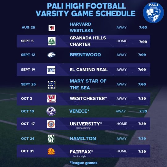 2025 Pali Football Schedule
GO DOLPHINS!
<a href="/CoachSmithPali/">Dylen Smith</a>
