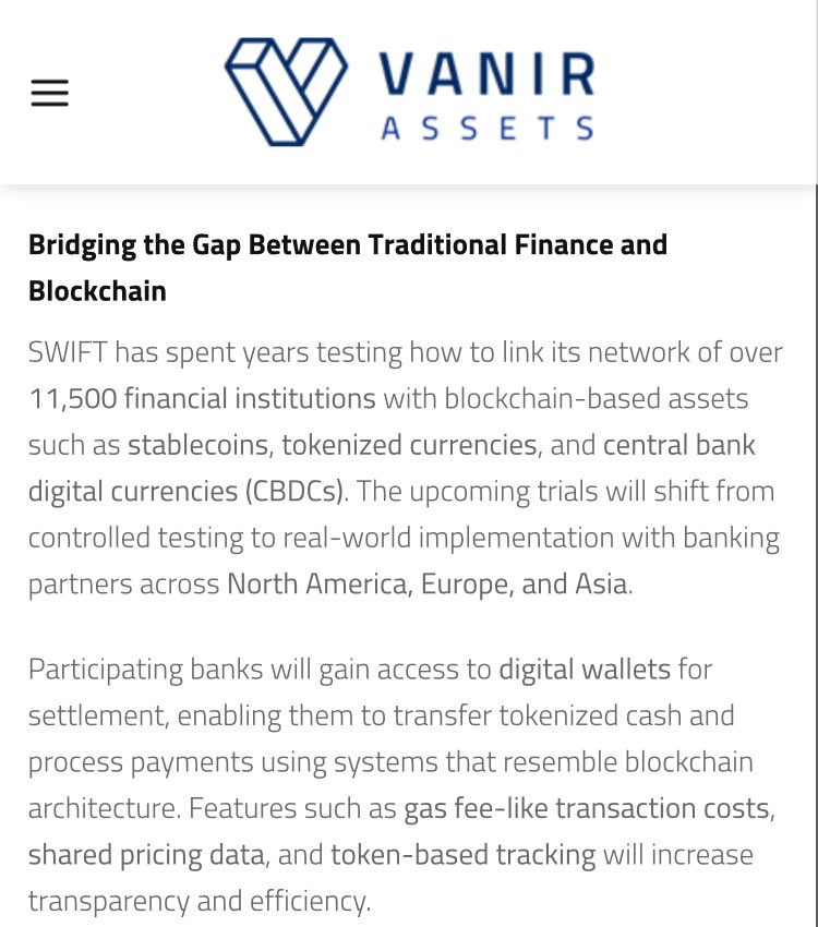 markchadwickx's tweet photo. 🚨POTENTIALLY HUGE: Report Mentions $HBAR & $XRP To Benefit In SWIFT Live Trials ($150T/Yr)

“Starting in November 2025, SWIFT will launch live trials that allow the use of digital assets and tokenized currency transactions across its network, which currently handles over $150 trillion in transactions each year.”

“This development could also benefit crypto-related payment networks such as XRP and HBAR, known for fast, low-cost transfers. It comes alongside SWIFT’s ongoing transition to the ISO 20022 standard, which enhances the richness and usability of financial data across borders.”

“SWIFT has spent years testing how to link its network of over 11,500 financial institutions with blockchain-based assets such as stablecoins, tokenized currencies, and central bank digital currencies (CBDCs).”

Interesting timing as Hedera is one of the few Chains at SWIFT’s SIBOS conference this year… right? 🤔 

Follow for updates - this could be MASSIVE!