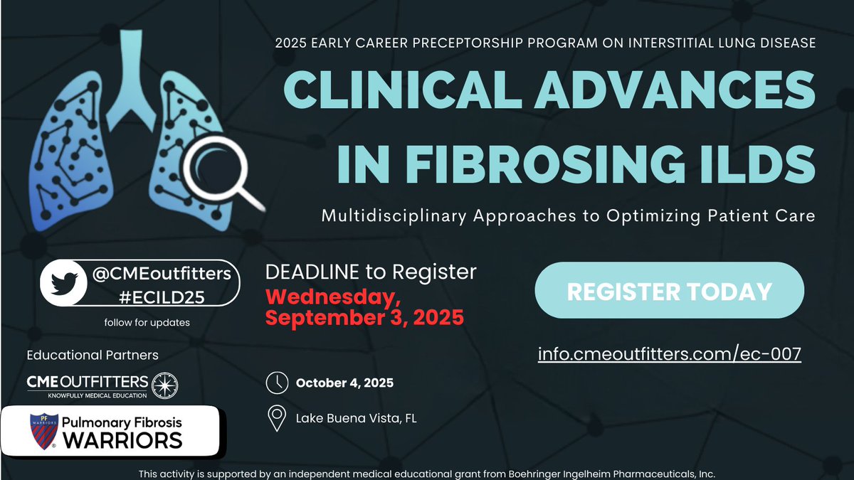 PF Warrior (@pfwarrior) on Twitter photo We're excited to support an event designed to give early-career healthcare professionals the tools they need to diagnose earlier, treat more effectively, & advocate fiercely.
💡 Learn more: cmeo.me/EC-007
#PulmonaryFibrosis #ILDeducation #LungHealth #MedTwitter We're excited to support an event designed to give early-career healthcare professionals the tools they need to diagnose earlier, treat more effectively, & advocate fiercely.
💡 Learn more: cmeo.me/EC-007
#PulmonaryFibrosis #ILDeducation #LungHealth #MedTwitter