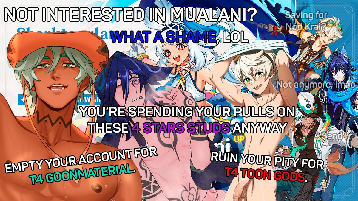 Obey the flashy colorful words, pull for superior four star hoyomen.

Artists credited in alt text.