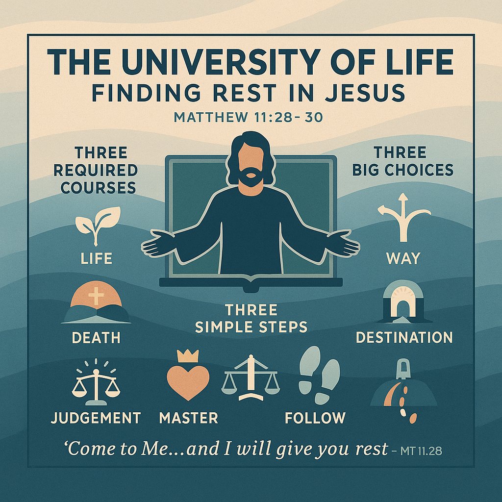 THE UNIVERSITY OF LIFE: FINDING REST IN JESUS

“Come to Me, all who are tired and carrying heavy loads, and I will give you rest.” — Jesus (Matthew 11:28)

We are all students in a school that never closes. It is called the University of Life. We did not sign up for it, but here