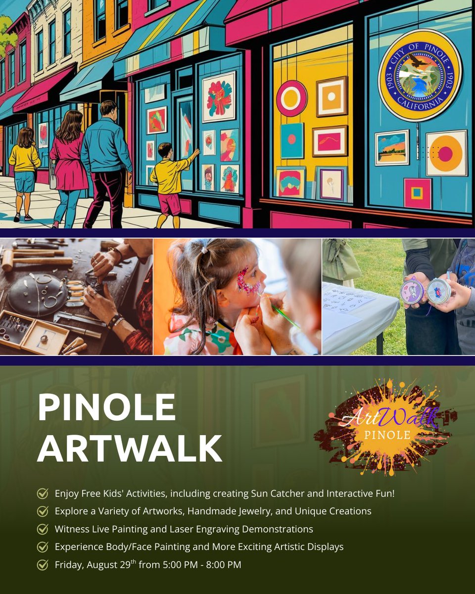 Unleash Your Creative Spirit!
 🗓️ Friday, August 29, 2025 | 🕔 5 – 8PM
 📍 Downtown Pinole FREE admission for everyone!
 ✨ Free Kids' Activities
🔗 Register here: pinole.gov/pinole-art-wal… 
#PinoleArtWalk #LocalLove #DowntownVibes #ArtForAll #PinoleFun #CommunityJoy