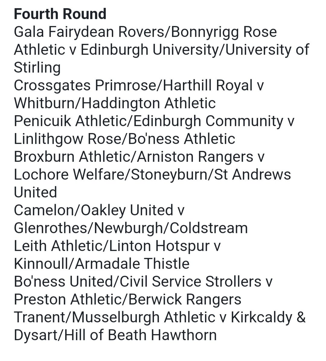 East of Scotland Football League (@eastscotlandfa) on Twitter photo Confirmation of the East of Scotland Qualifying Cup Draw for round 3 and round 4.
Our thanks to <a href="/blackdiamondfm/">Black Diamond FM</a> and <a href="/SportsonBDFM/">Russell Aitken</a> for hosting.
Match dates TBC Confirmation of the East of Scotland Qualifying Cup Draw for round 3 and round 4.
Our thanks to <a href="/blackdiamondfm/">Black Diamond FM</a> and <a href="/SportsonBDFM/">Russell Aitken</a> for hosting.
Match dates TBC