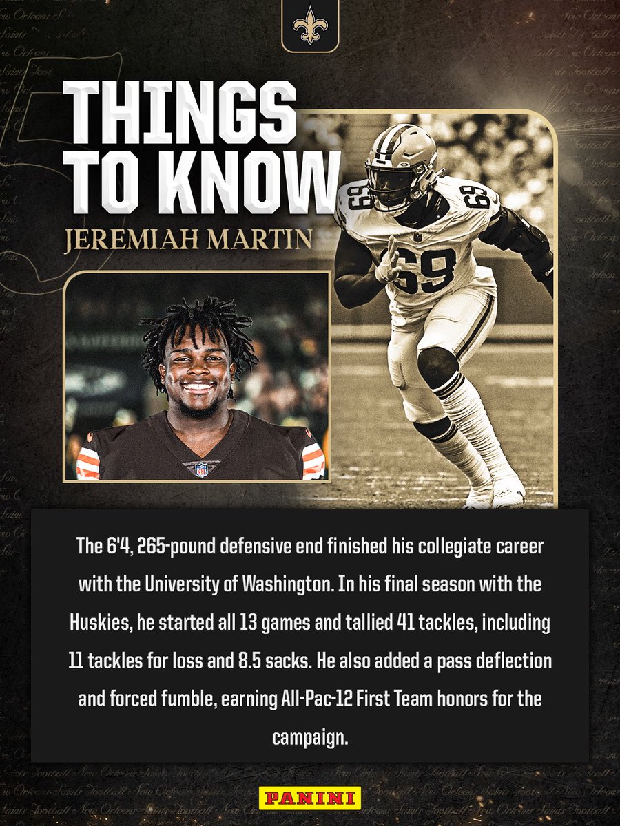 New Orleans Saints (@saints) on Twitter photo Get to know the new DE, Jeremiah Martin ⬇️
🔗 neworlns.co/3HGTgG4
#Saints | <a href="/PaniniAmerica/">Panini America</a> Get to know the new DE, Jeremiah Martin ⬇️
🔗 neworlns.co/3HGTgG4
#Saints | <a href="/PaniniAmerica/">Panini America</a>