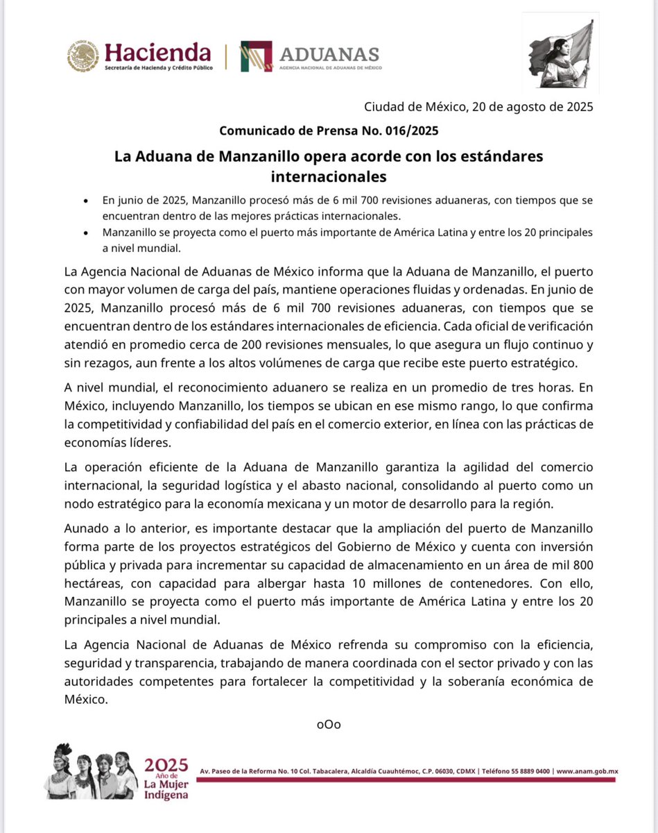 #ANAMInforma 🛃 
🎯La Aduana de Manzanillo opera acorde con estándares internacionales.
🚢 En junio de 2025, #Manzanillo procesó más de 6,700 revisiones aduaneras, con tiempos que se encuentran dentro de las mejores prácticas internacionales.
✅Manzanillo se proyecta como el