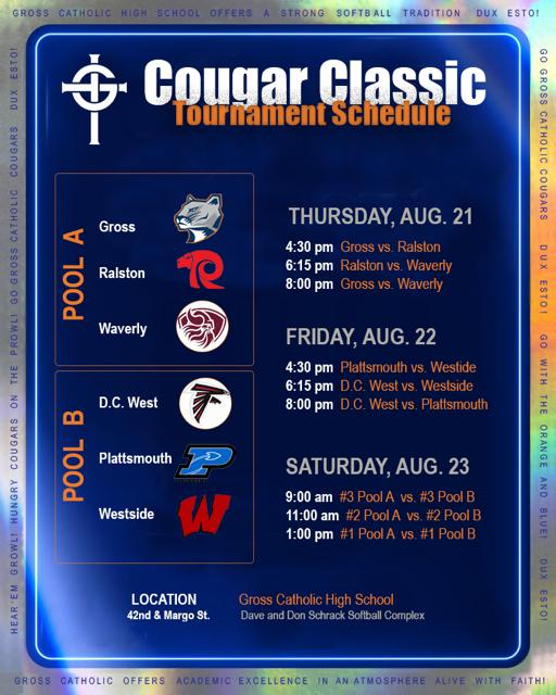 GrossCatholicSB's tweet photo. Cougar Classic kicks off 8/21. We're excited to host these High School teams:
Ralston, Waverly, D.C. West, Plattsmouth, and Westside.
It will be 3 days of great 🥎action!
#CougarClassic
@NebraskaHSSB @THEnebpreps @OWHsports @prepfastpitch https://t.co/LxqmX6OMAk