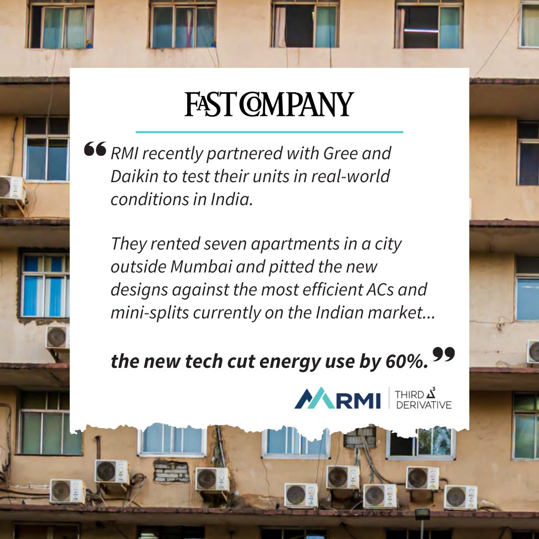 RMI (@rockymtninst) on Twitter photo RMI co-launched the Global Cooling Prize in 2018. After 9 months of testing in India, winning units cut energy use by 60%. <a href="/Third_Deriv/">Third Derivative</a> startups Blue Frontier & Transaera aim to propel efficiency further.
RMI's Ankit Kalanki comments in <a href="/FastCompany/">Fast Company</a>: fastcompany.com/91370827/why-y… RMI co-launched the Global Cooling Prize in 2018. After 9 months of testing in India, winning units cut energy use by 60%. <a href="/Third_Deriv/">Third Derivative</a> startups Blue Frontier & Transaera aim to propel efficiency further.
RMI's Ankit Kalanki comments in <a href="/FastCompany/">Fast Company</a>: fastcompany.com/91370827/why-y…
