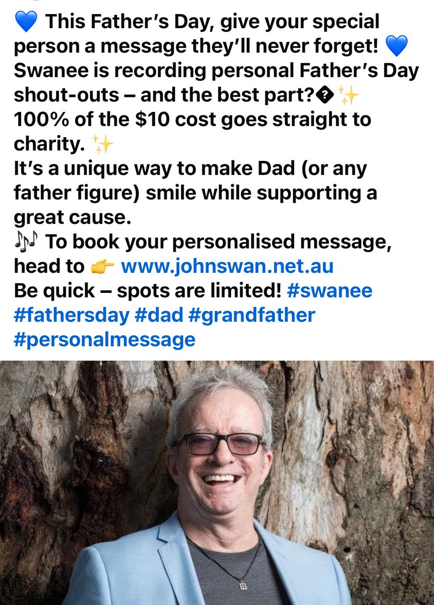 dazilama5's tweet photo. 🎤 Swanee + Father’s Day = the perfect gift. $10 = a personal message for Dad ❤️ 100% to charity! 👉 https://t.co/xB1DJjTLDC
#swanee #fathersday #personalmessage #dad #pop https://t.co/0dhytxXzUL