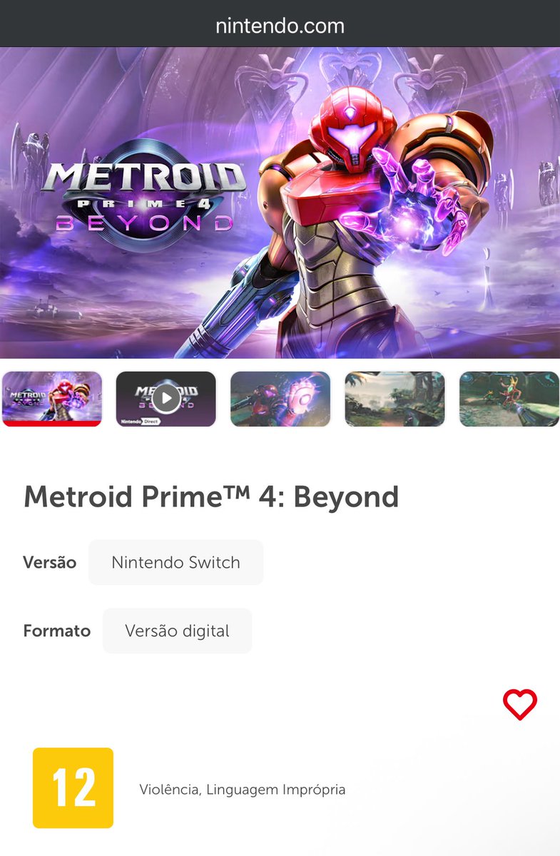 Metroid Prime 4: Beyond tem classificação indicativa listada como +12 anos para o Brasil em seu site oficial 

Classificações pela PEGI e ESRB também foram disponibilizadas nos sites para Europa e Estados Unidos 

Classificação pode indicar que desenvolvimento está completo