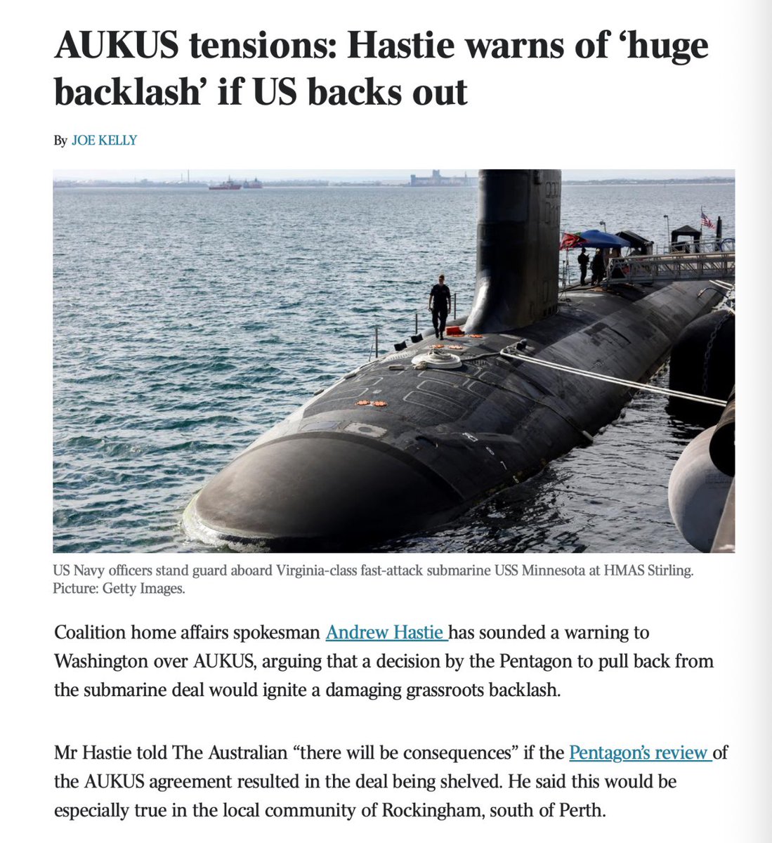 Rex Patrick (@mrrexpatrick) on Twitter photo Take note <a href="/realDonaldTrump/">Donald J. Trump</a>, Hastie has spoken 🤦♂️.
The US would do us real service if they were to pull out of #AUKUS because our ‘leadership’ are wilfully blind to the fact that the US doesn’t have the capacity to deliver the subs. $4.7B already down the 🚽. #honesty #auspol Take note <a href="/realDonaldTrump/">Donald J. Trump</a>, Hastie has spoken 🤦♂️.
The US would do us real service if they were to pull out of #AUKUS because our ‘leadership’ are wilfully blind to the fact that the US doesn’t have the capacity to deliver the subs. $4.7B already down the 🚽. #honesty #auspol