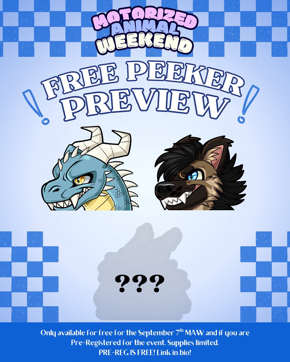 Next FREE Peeker Sticker Reveal coming soon 🔜 👀 if we can get 40% of people Pre-Reg I’ll post it IMMEDIATELY~! This will complete the MAWscot series! 15% left to our goal!!!

eventbrite.com/e/maw-motorize…