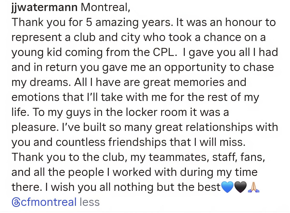 Joel Waterman posted his farewell message to CF Montreal