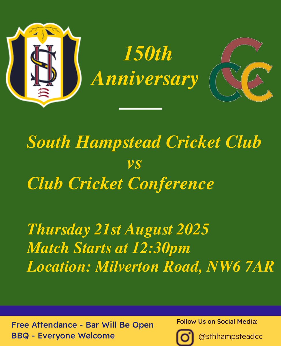 South Hampstead CC (@sthhampsteadcc) on Twitter photo Join us tomorrow where we will be continuing our 150th anniversary celebrations with a match vs the <a href="/ClubCricketConf/">ClubCricketConf</a>
The match will be a 40 over game. See you all there! Join us tomorrow where we will be continuing our 150th anniversary celebrations with a match vs the <a href="/ClubCricketConf/">ClubCricketConf</a>
The match will be a 40 over game. See you all there!