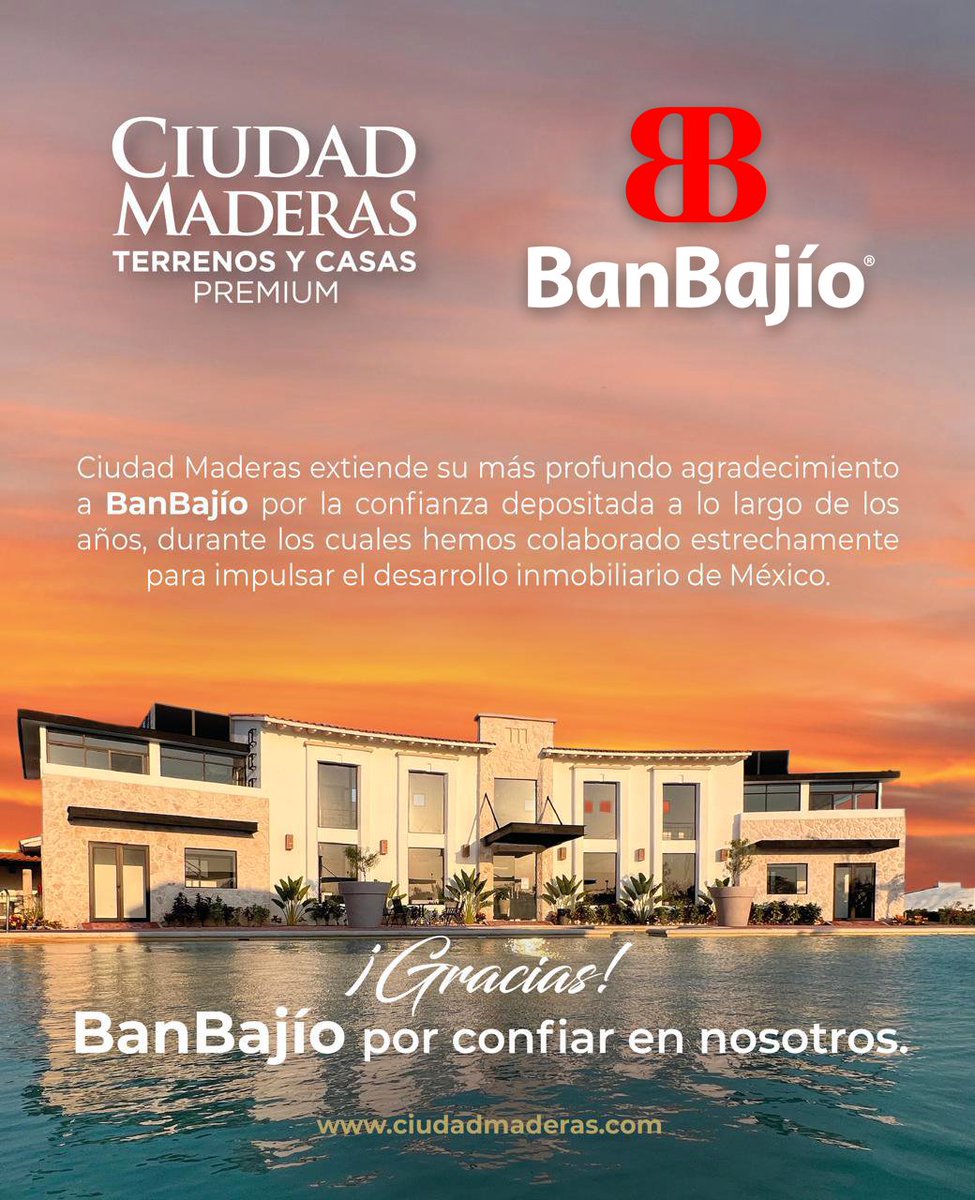 Gracias a @banbajio.mx por sumarse a nuestra misión de potenciar el desarrollo inmobiliario en México. 

✨Unidos, invertimos con visión y compromiso. #creadoresdeciudades #ciudadmaderas #banbajio