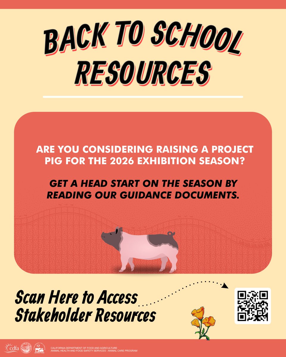 CDFAAnimalCare's tweet photo. Are you considering raising a project pig for the 2026 fair/exhibition season? We have several resources that can help you get a head start on the season. 

To access these resources, scan the QR code, click on the link in our bio or visit our website. https://t.co/BysPllQJZp