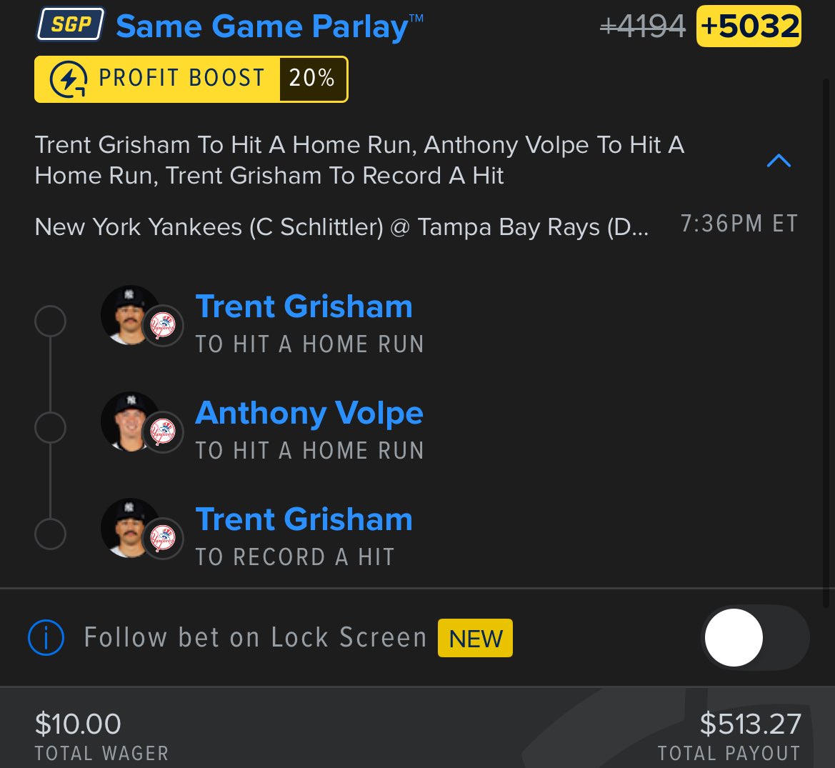 Fanduel 20% MLB parlay boost (shadow leg)